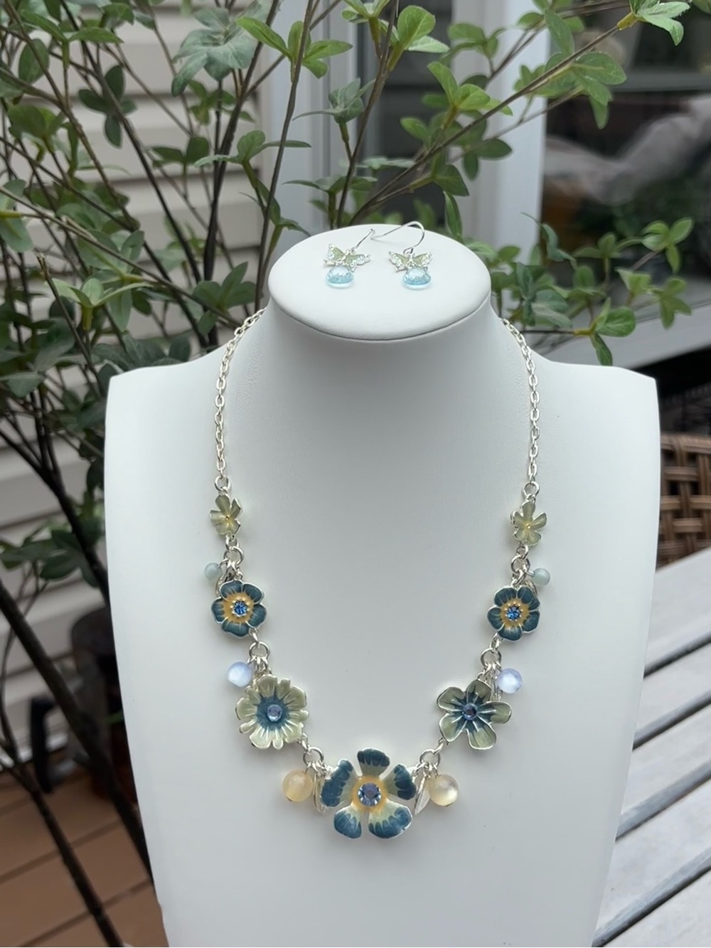 Handcrafted Blue and Pale Yellow Floral Necklace and Earring Set